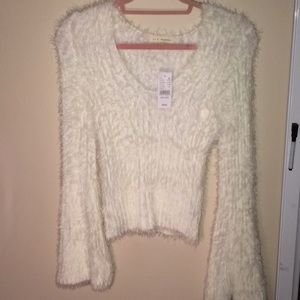 White furry belle sleeve sweater
